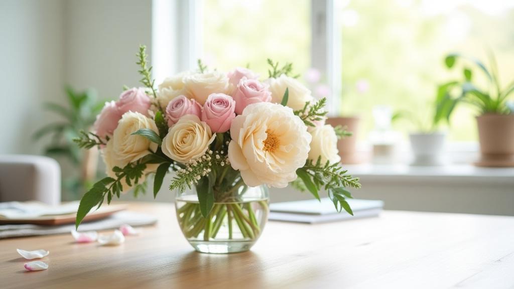 Ein üppiges, frisches Blumenarrangement, das auf einem Fensterbrett in natürlichem Licht steht.